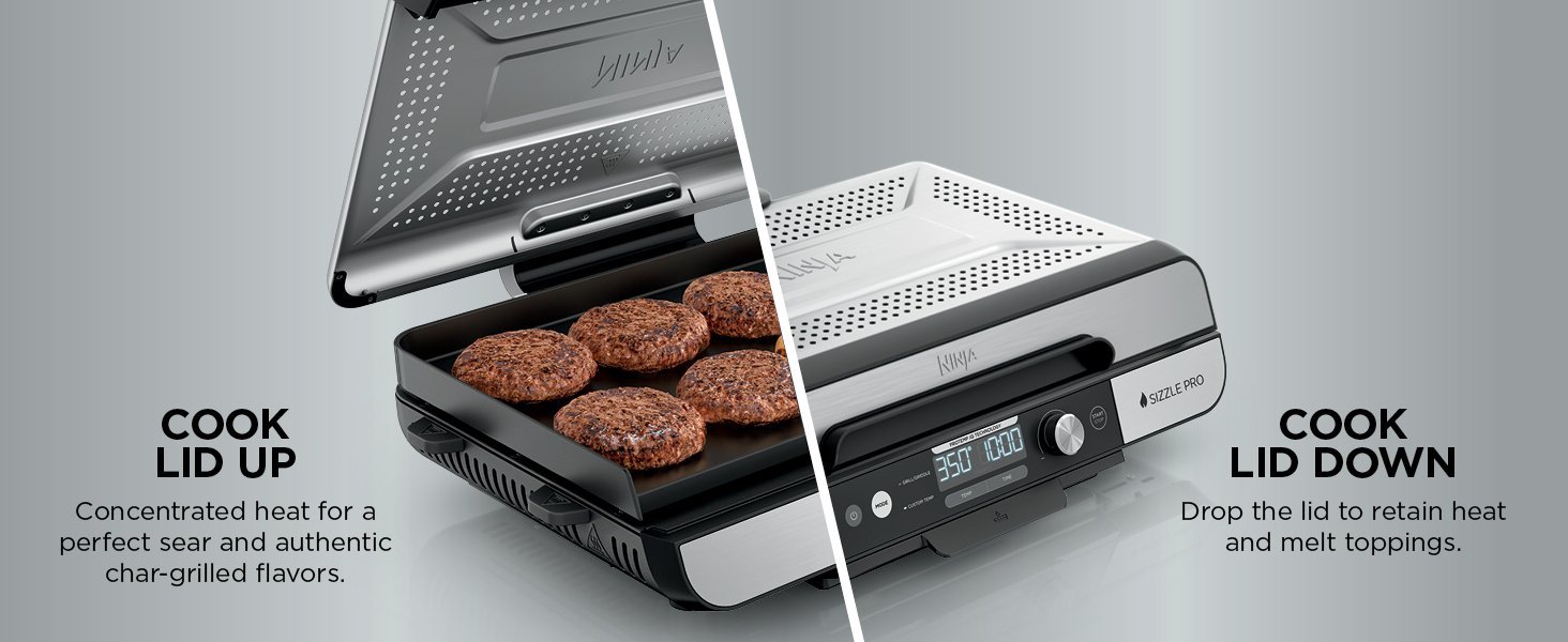 Ninja Sizzle Pro XL Indoor Grill & Flat Plate – Non-Stick Ceramic Plates, Detachable Lid, Grease Catch & Recipe Guide (Silver/Black GX101UK) - Image 3