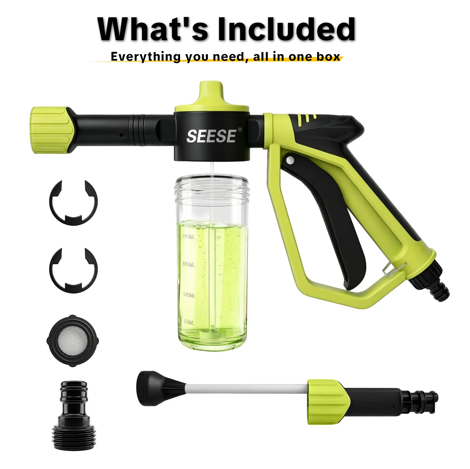 SEESE Car Wash Foam Gun, Foam Cannon for Garden Hose with High Pressure Nozzle & 3 Spray Modes - Suitable for Washing Cars, Trucks, SUVs, Motorcycles, RVs