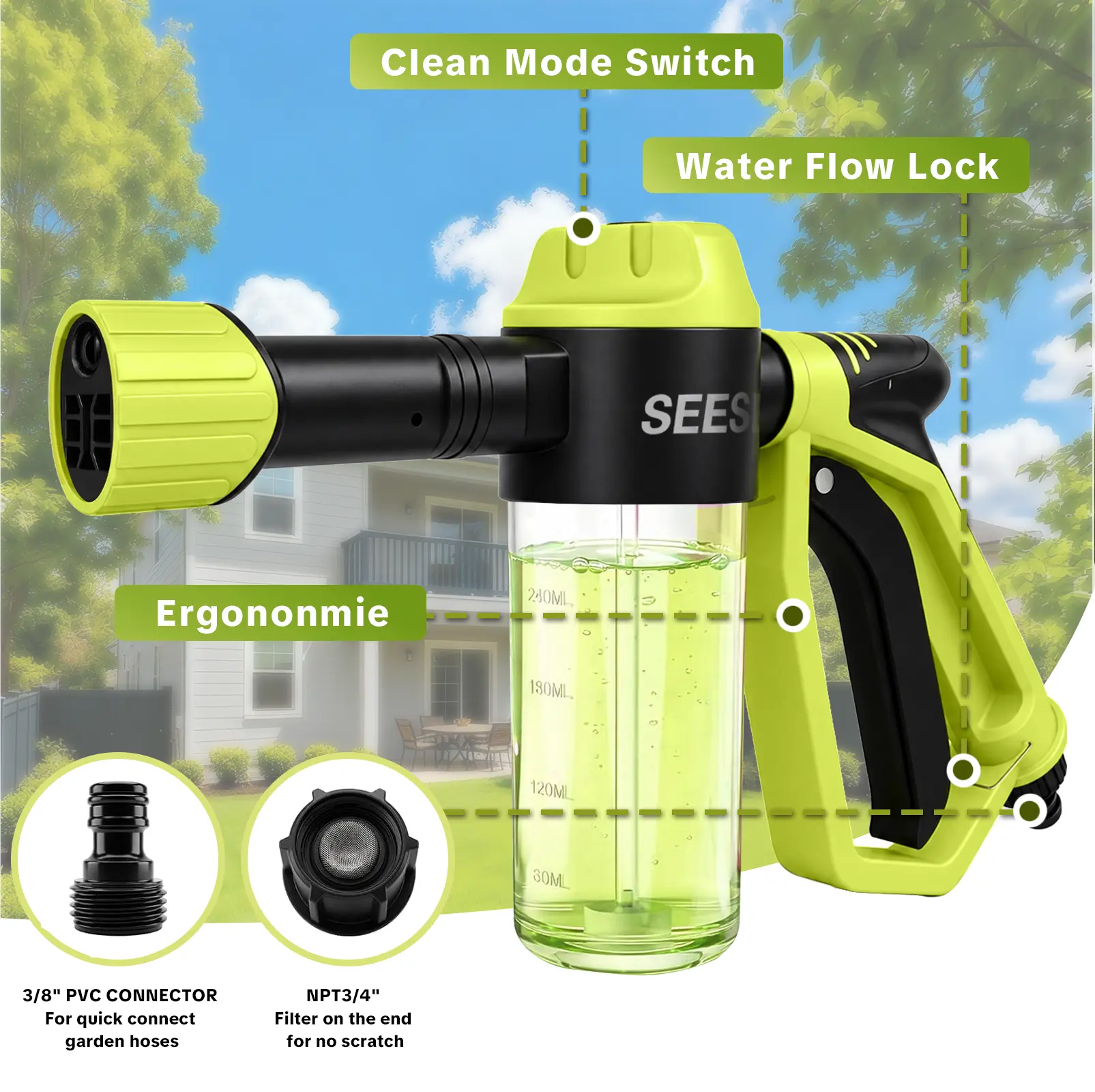 SEESE Car Wash Foam Gun, Foam Cannon for Garden Hose with High Pressure Nozzle & 3 Spray Modes - Suitable for Washing Cars, Trucks, SUVs, Motorcycles, RVs - Image 5