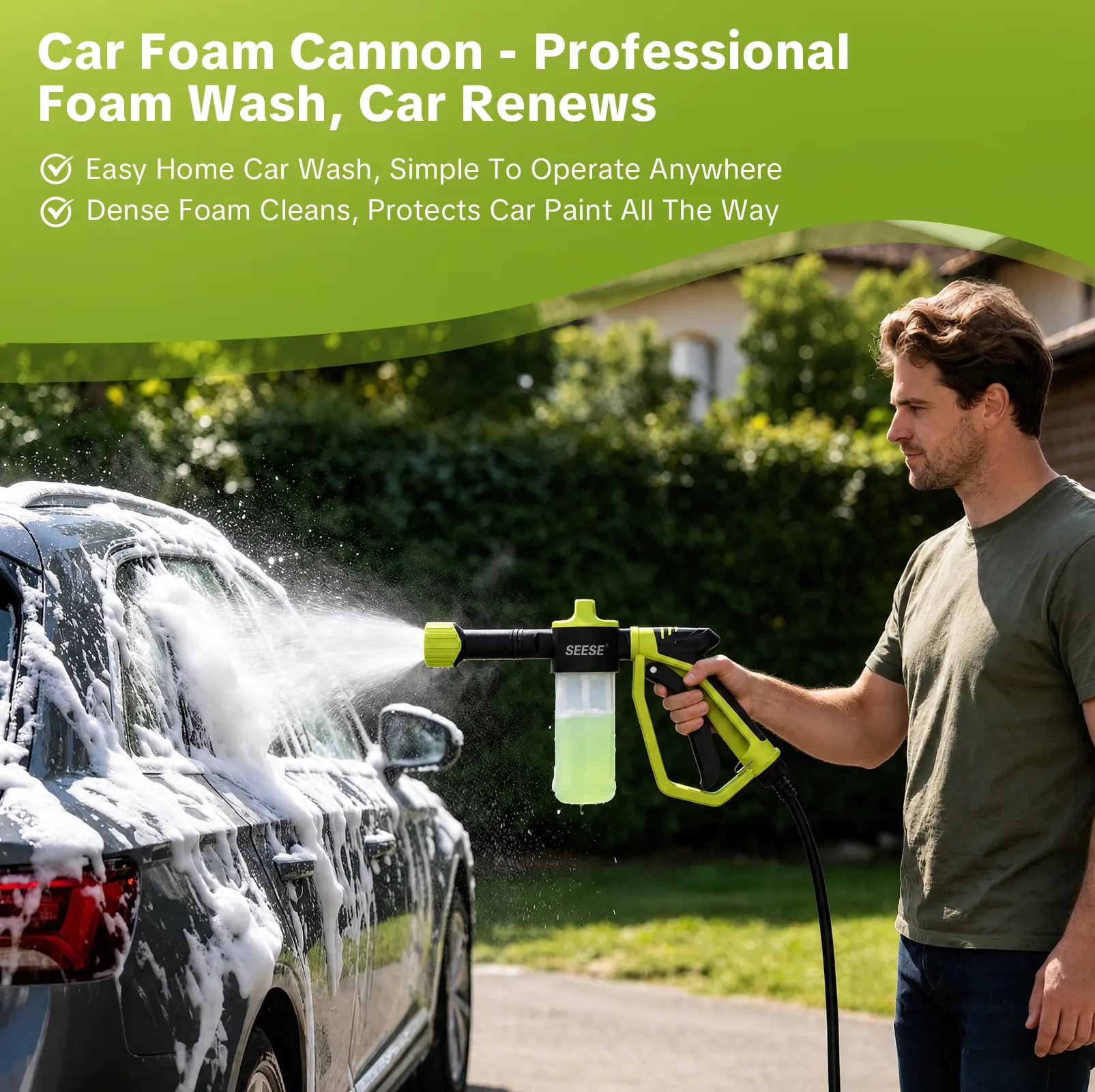 SEESE Car Wash Foam Gun, Foam Cannon for Garden Hose with High Pressure Nozzle & 3 Spray Modes - Suitable for Washing Cars, Trucks, SUVs, Motorcycles, RVs - Image 2