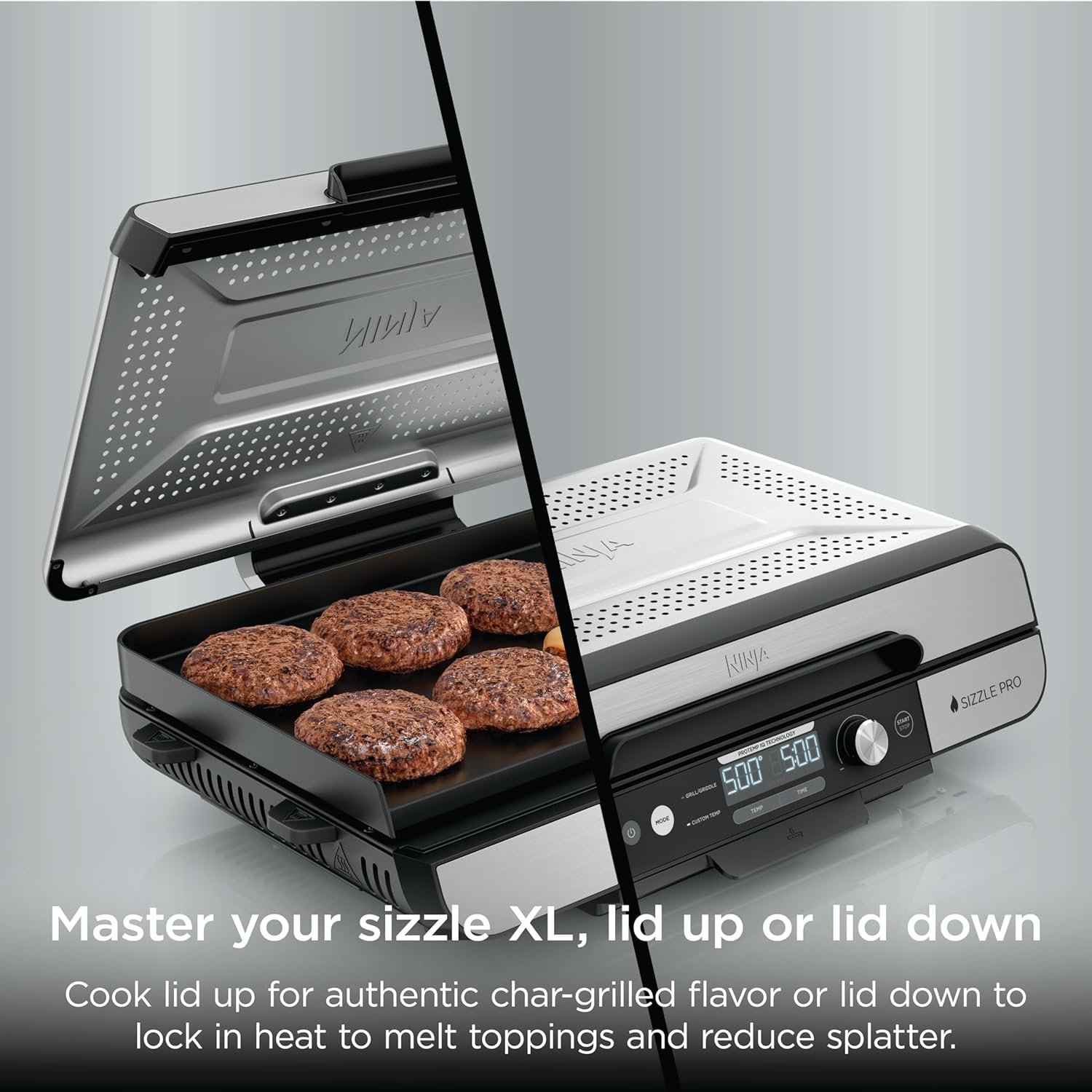 Ninja Sizzle Pro XL Indoor Grill & Flat Plate – Non-Stick Ceramic Plates, Detachable Lid, Grease Catch & Recipe Guide (Silver/Black GX101UK) - Image 5